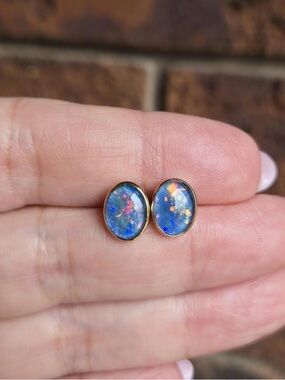 9K yellow gold opal doublet stud earrings 10K butterfly backs
